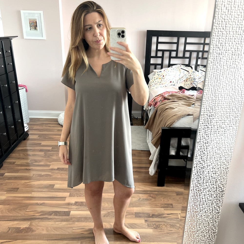 Miilla army green/gray shift dress with layered open back design